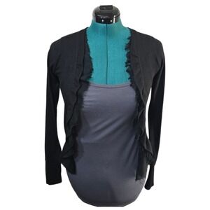 POOF Excellence Womens Black Open Front Cardigan Sweater Sheer Fringe Size Large